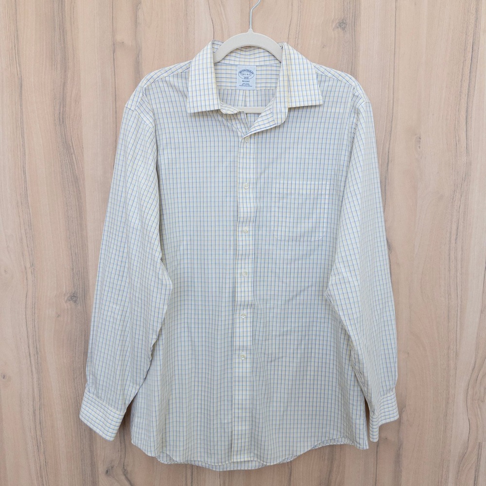 Brooks Brothers Mens Dress Shirt 16.5 34/35 Yellow Blue‎ Regent Non-Iron Check